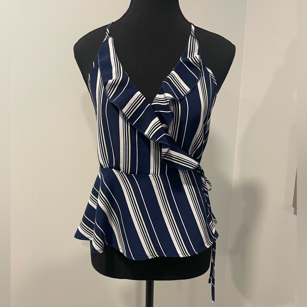 Urban Heritage Blue & White Striped Y2K Ruffled Wrap Racerback Top EUC